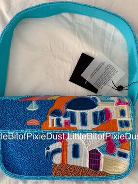 America & Beyond Santorini Beaded Bag – Blue Coastal Scene